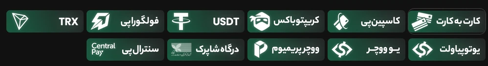 روش‌های واریز پین باهیس: TRX، فولگوراپای، USDT، کریپتوباکس، کاسپین‌پی، کارت به کارت، سنترال پی، درگاه شاپرک، ووچرپریمیوم، یو ووچر، یوتوپیاولت
